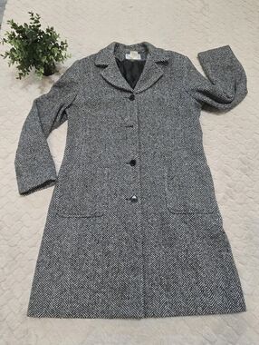 Real Comfort Vintage Black & White Tweed Herringbone Wool-Blend Coat, Size 12